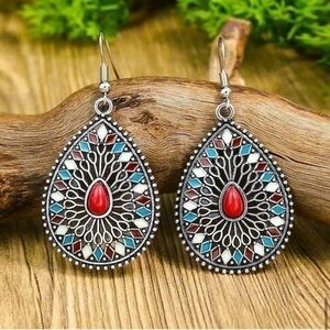 Multicolor Turquoise With Red Coral Water Drop Earrings